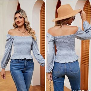 New Smocked Off-Shoulder Ruffle Hem Blouse XXL